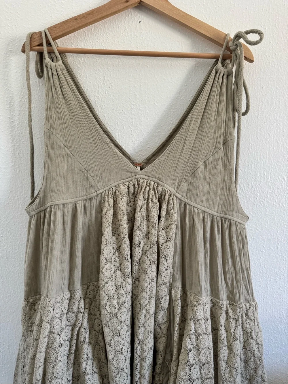 Free People Beige Tie-Shoulder Tiered Midi Dress